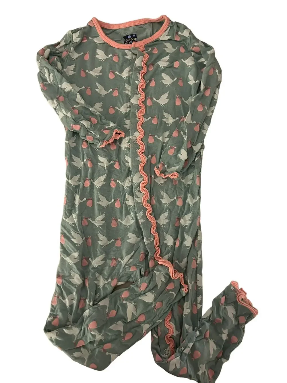Kickee Pants One Piece Green Jade Stork Pajamas size 4t